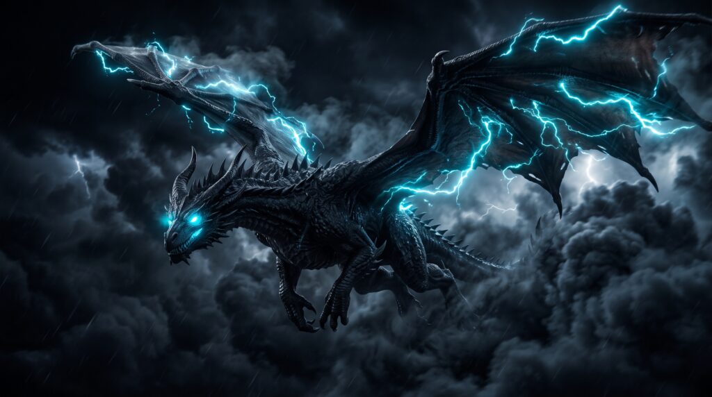 Black dragon flying through storm clouds with glowing blue lightning across its wings in a dark AMOLED 4K wallpaper background.