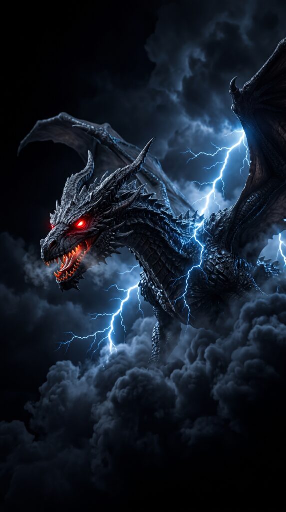 Black dragon with glowing red eyes flying through storm clouds and blue lightning in a dark AMOLED 4K wallpaper background.