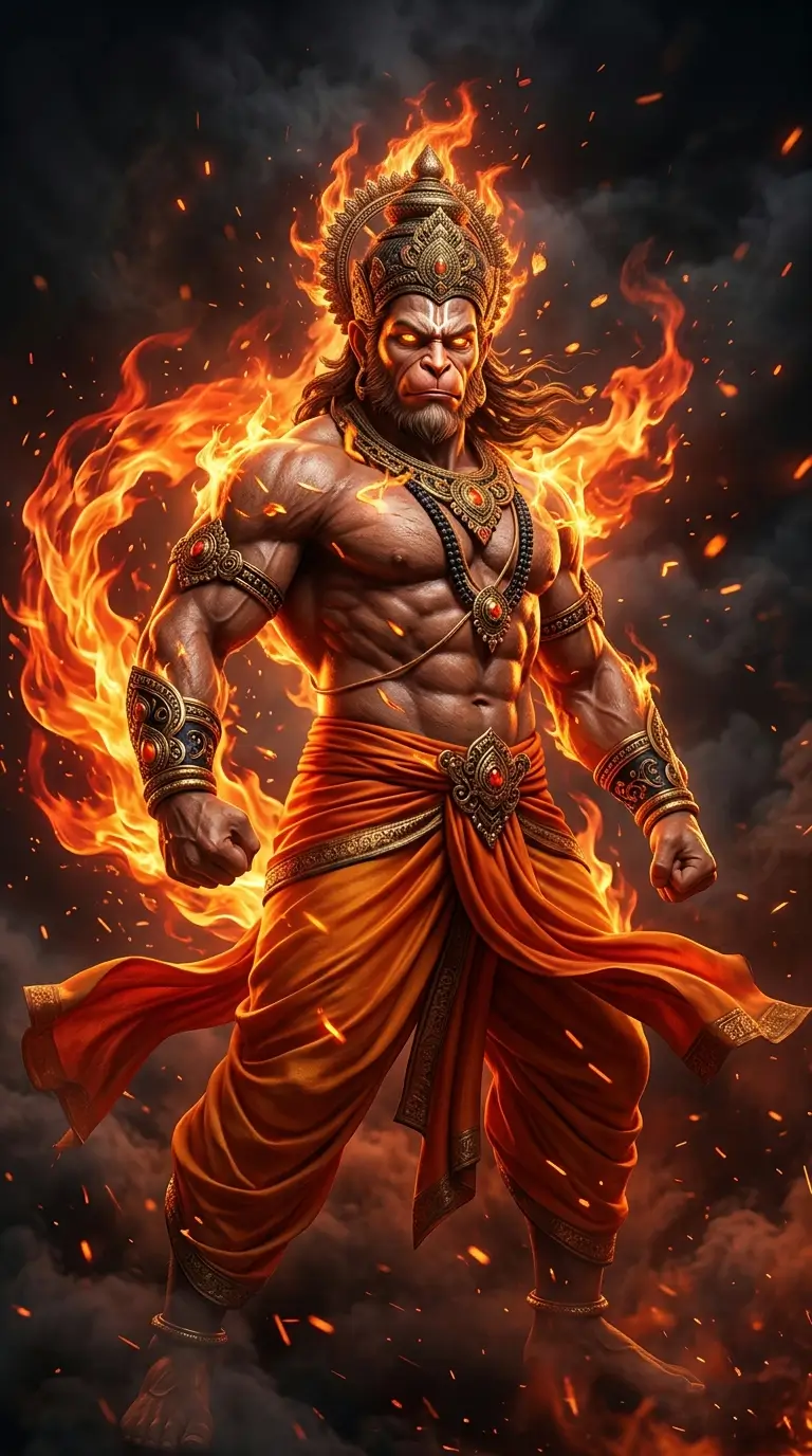 Full HD 4K Hanuman wallpaper download featuring Veer Hanuman surrounded by blazing flames and divine warrior energy.