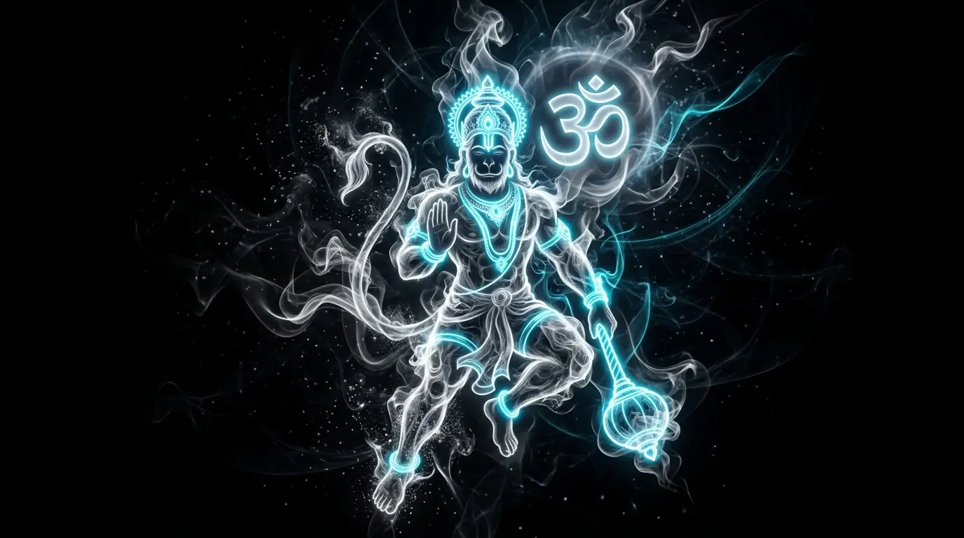 Hanuman 4K wallpaper showing a glowing smoke-art silhouette with Om symbol and divine spiritual aura.
