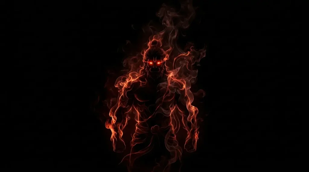 Hanuman HD wallpaper 4K showing a fiery divine figure with glowing red eyes and smoke flame effects.