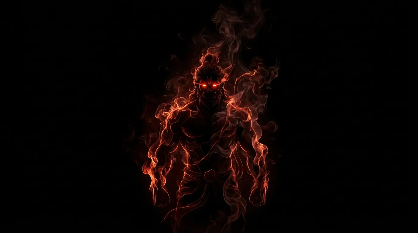 Hanuman HD wallpaper 4K showing a fiery divine figure with glowing red eyes and smoke flame effects.