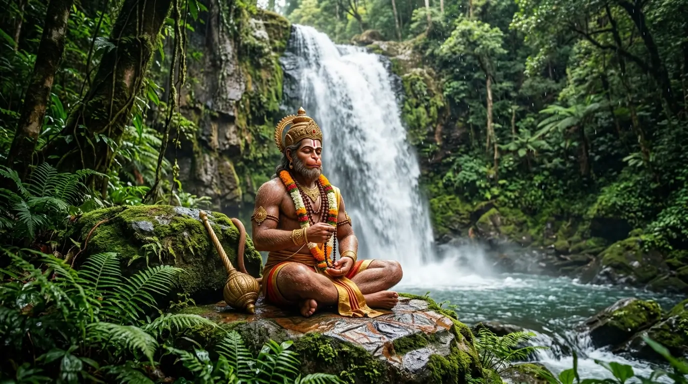Hanuman HD wallpaper showing Lord Hanuman meditating beside a waterfall in a lush green forest setting.