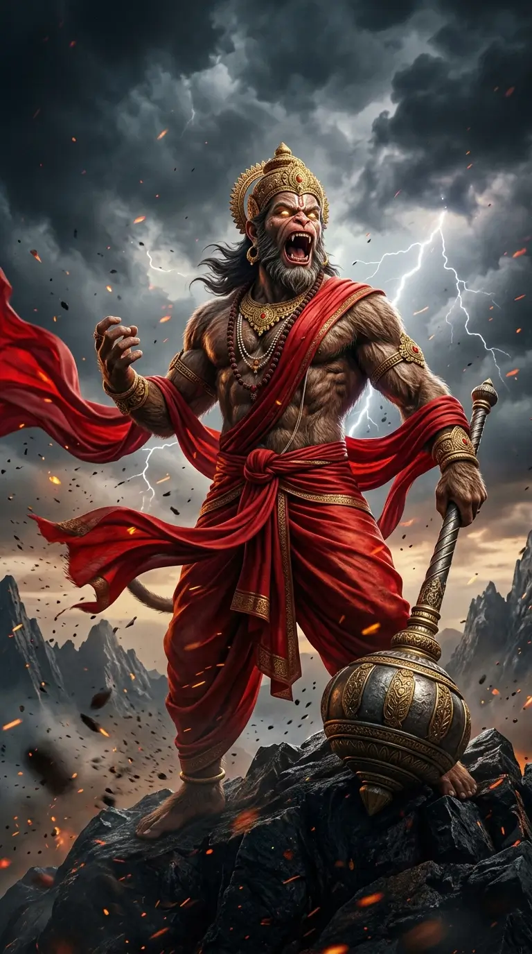 Hanuman Ji wallpaper 4K showing Veer Hanuman roaring with power, holding a gada beneath a stormy sky with lightning.
