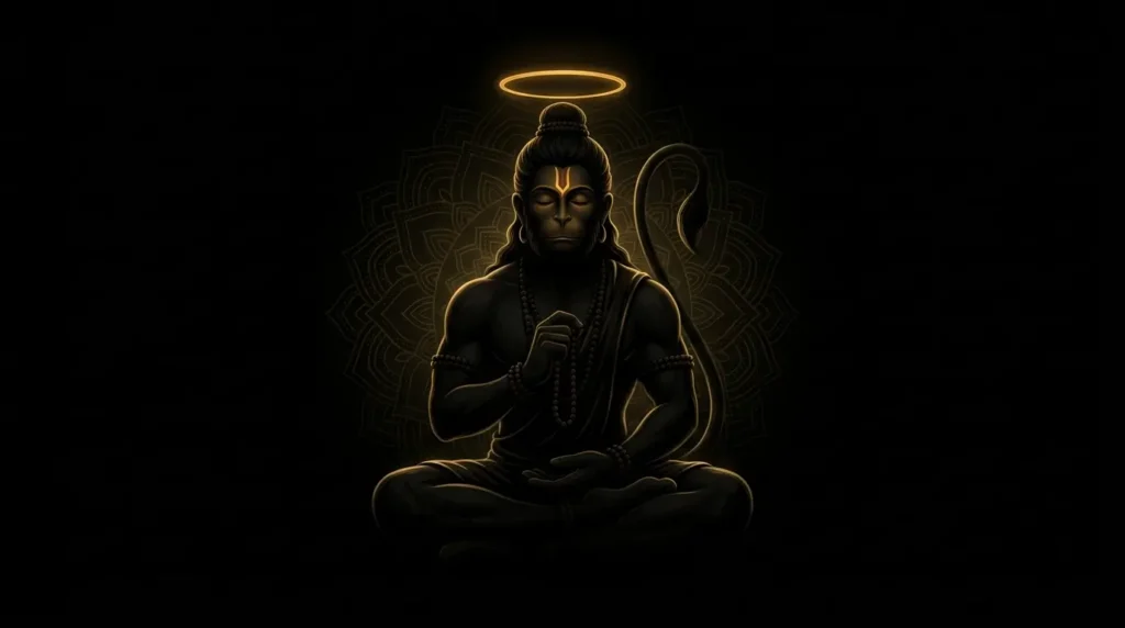 Hanuman Ji wallpaper 4K showing Lord Hanuman meditating with a glowing halo on a dark background.