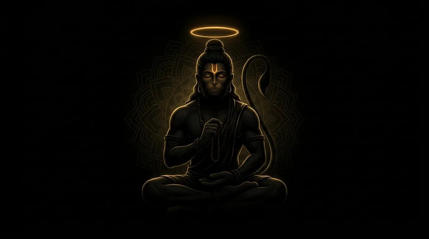 Hanuman Ji wallpaper 4K showing Lord Hanuman meditating with a glowing halo on a dark background.