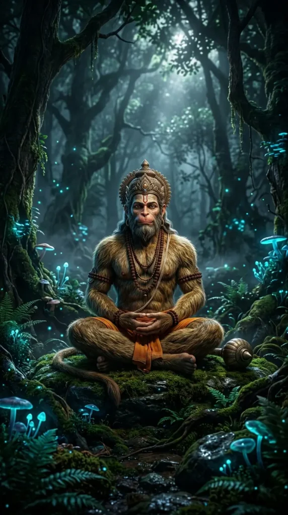 Hanuman Ji wallpaper showing Lord Hanuman meditating in a mystical forest with glowing blue lights and nature scenery.