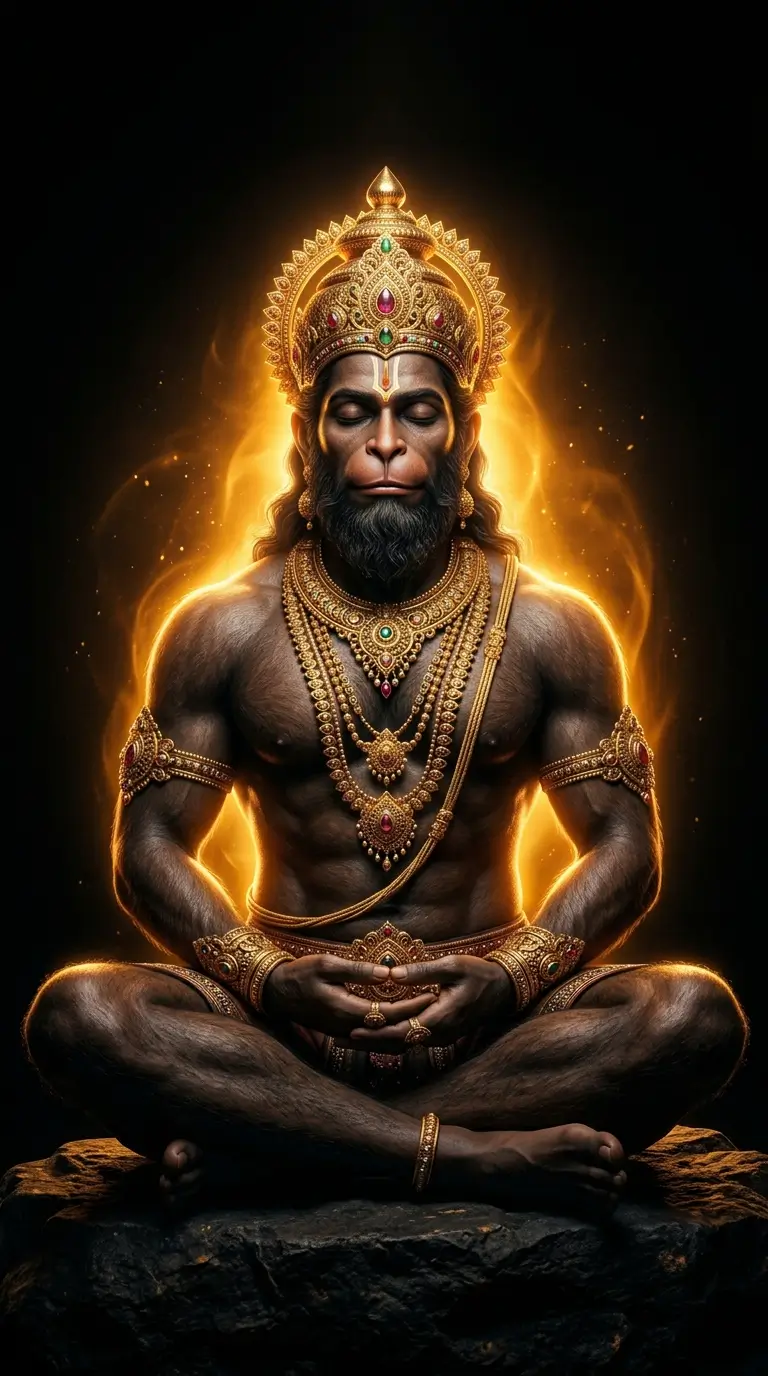 Hanuman Ji wallpaper HD 1080P download featuring Lord Hanuman meditating with a glowing golden aura and crown.