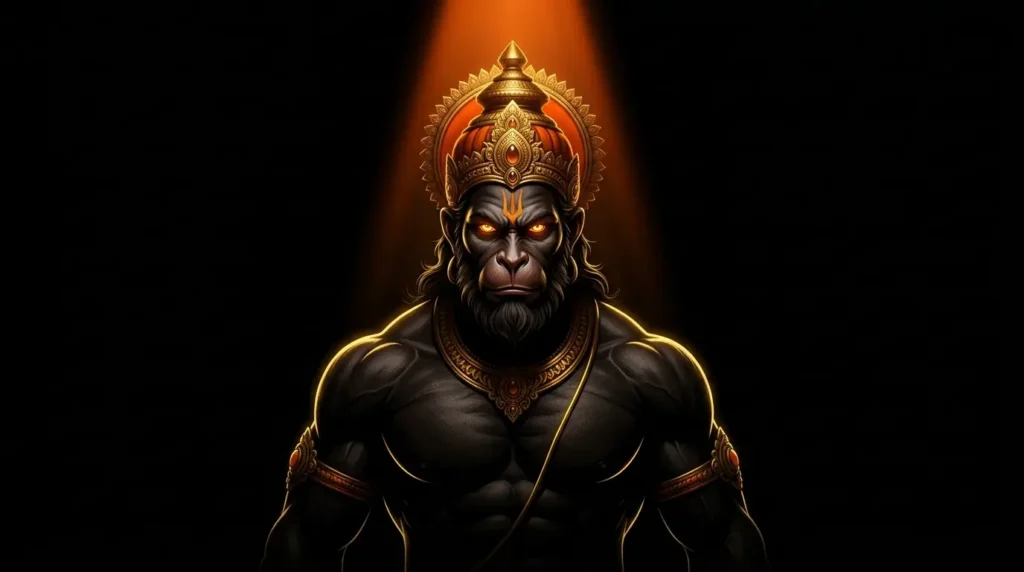Hanuman wallpaper showing Veer Hanuman with glowing eyes, divine crown, and powerful dark AMOLED-style background.