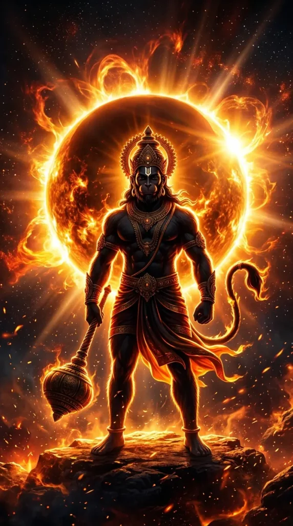 Hanuman wallpaper 4K iPhone showing Lord Hanuman standing before a blazing solar eclipse with divine fiery aura.