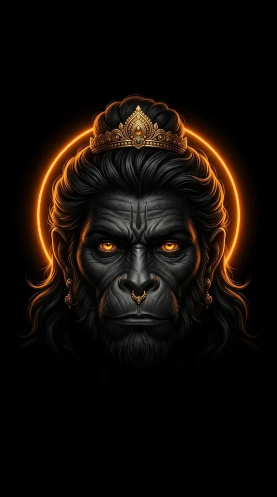 Hanuman wallpaper 4K iPhone featuring a dark divine portrait with glowing eyes and golden halo background.