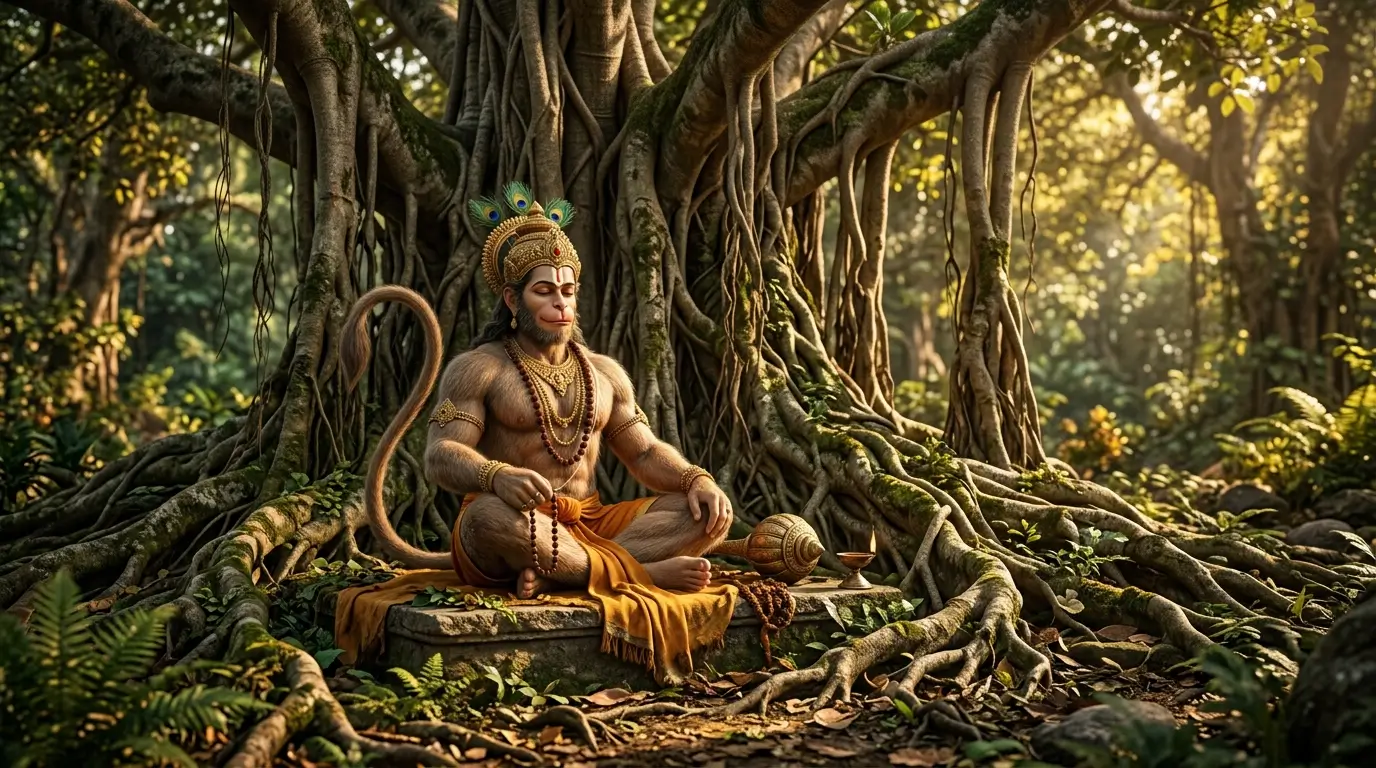 High quality iPhone Hanuman wallpaper showing Lord Hanuman meditating beneath a large banyan tree in a peaceful forest.