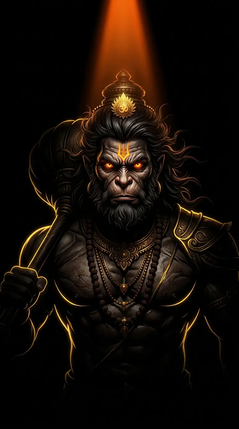 iPhone Hanuman wallpaper featuring Veer Hanuman with glowing eyes, divine gada, and dark AMOLED background.