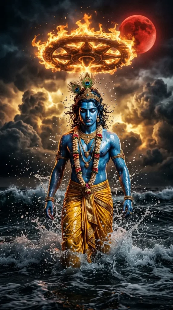Krishna-wallpaper featuring Lord Krishna in ocean waves with Sudarshan Chakra, storm clouds, and divine lighting.
