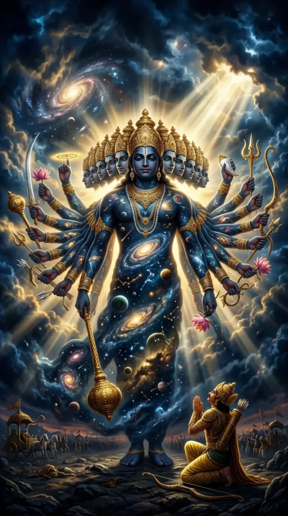 Krishna-wallpaper showing Vishwaroop cosmic form of Lord Krishna with galaxies, divine weapons, and Arjuna praying.