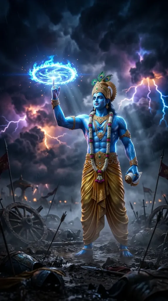 Krishna-wallpaper featuring Lord Krishna with Sudarshan Chakra on a battlefield under lightning-filled storm clouds.