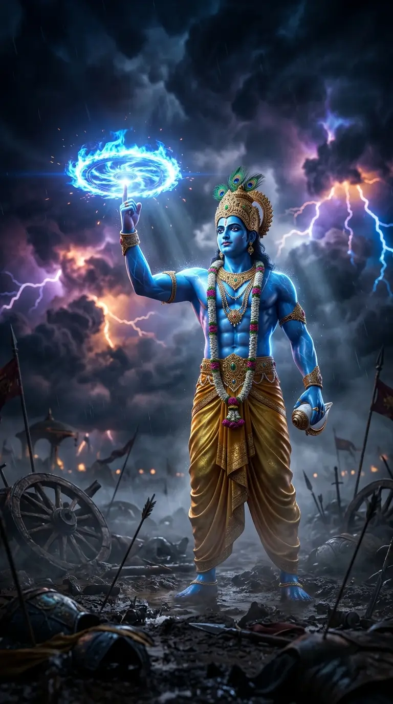 Krishna-wallpaper featuring Lord Krishna with Sudarshan Chakra on a battlefield under lightning-filled storm clouds.