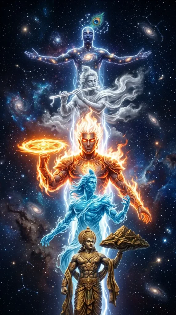 Krishna-wallpaper showing Lord Krishna with cosmic elements, galaxies, divine energy, and celestial symbolism