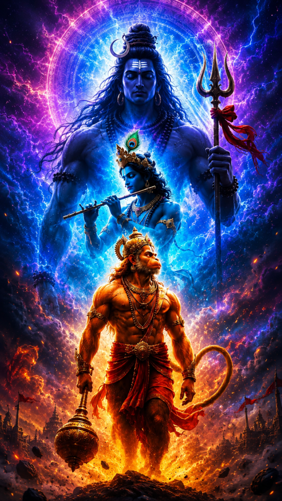 Krishna-wallpaper featuring Lord Krishna, Lord Shiva, and Hanuman in a vibrant cosmic devotional artwork.