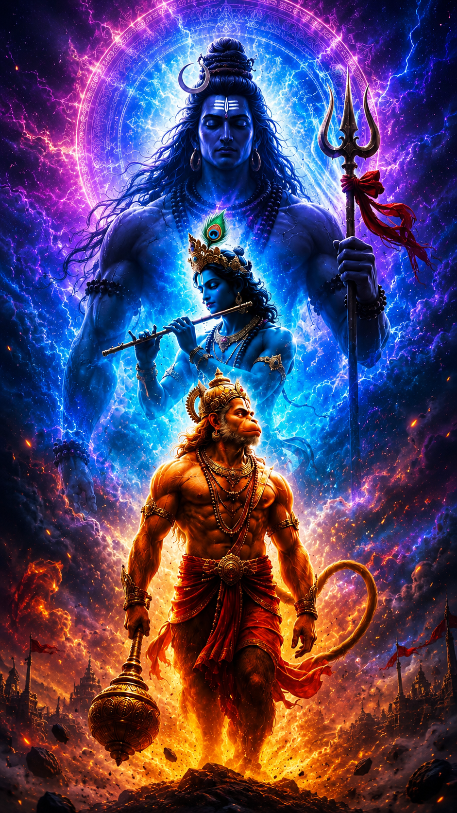 Krishna-wallpaper featuring Lord Krishna, Lord Shiva, and Hanuman in a vibrant cosmic devotional artwork.