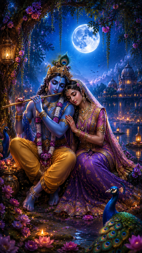 Radha-krishna-wallpaper featuring Radha and Krishna by a moonlit river with peacocks, flowers, and divine scenery.