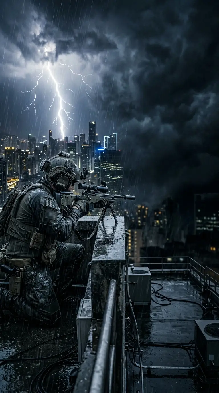 rainbow-six-siege-wallpaper showing a tactical sniper on a rooftop during a lightning storm above a city skyline.