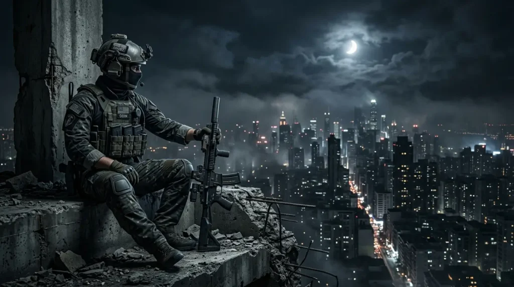 Rainbow Six Siege operator sitting on a ruined building edge with a rifle overlooking a city skyline at night.