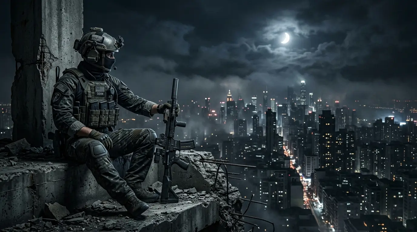 Rainbow Six Siege operator sitting on a ruined building edge with a rifle overlooking a city skyline at night.