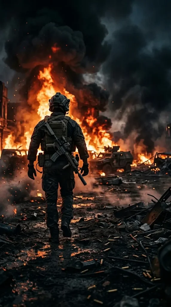 Rainbow Six Siege operator walking through a burning battlefield with flames, smoke, and destroyed vehicles in the background.