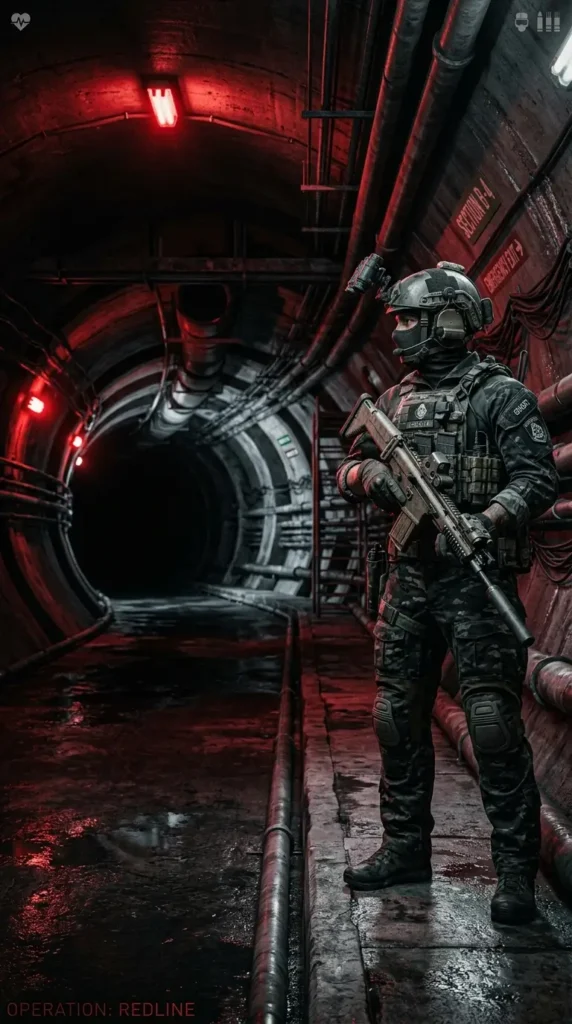 Rainbow Six Siege operator standing in a futuristic underground tunnel with red lighting and tactical combat gear.