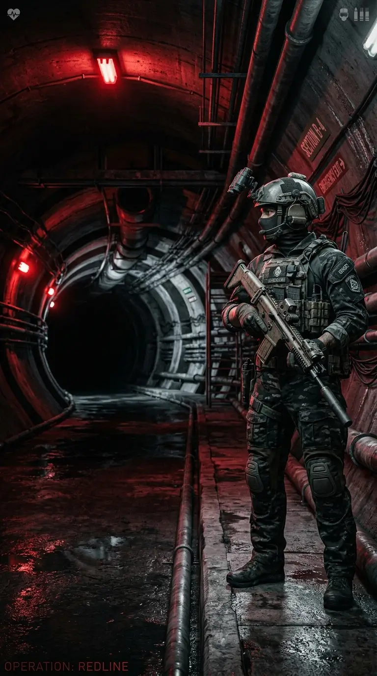 Rainbow Six Siege operator standing in a futuristic underground tunnel with red lighting and tactical combat gear.
