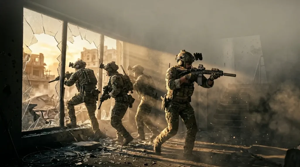 Rainbow Six Siege tactical squad advancing through a damaged building during a high-intensity urban assault operation.