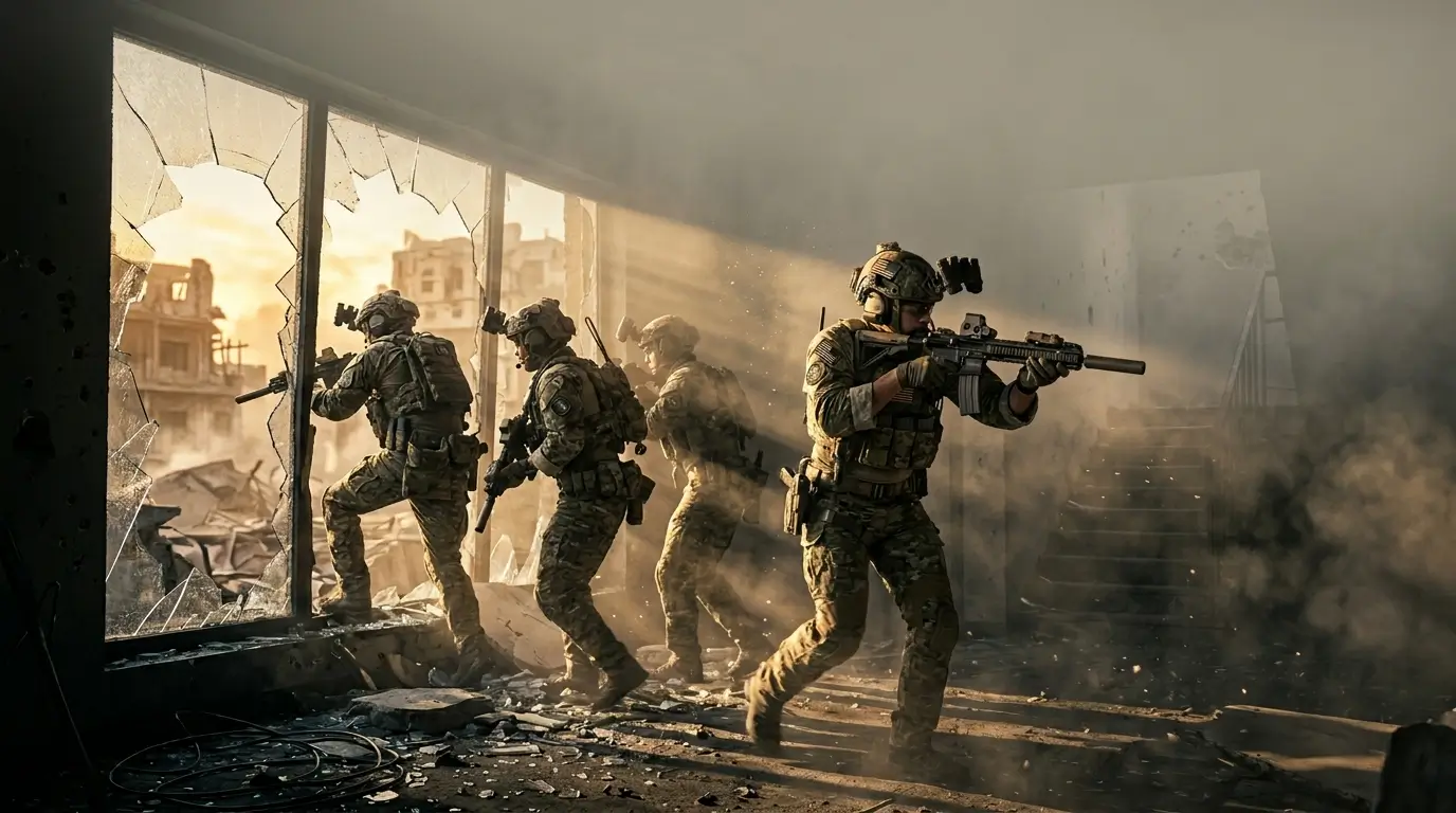 Rainbow Six Siege tactical squad advancing through a damaged building during a high-intensity urban assault operation.