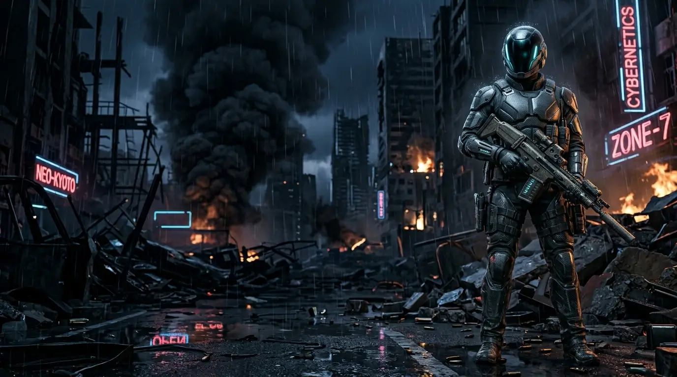 Futuristic Rainbow Six Siege operator standing in a cyberpunk city street filled with smoke, neon lights, and destruction.