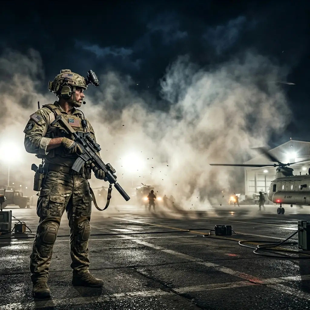 Rainbow Six Siege operator standing on a military airfield at night with helicopters, dust clouds, and tactical gear.