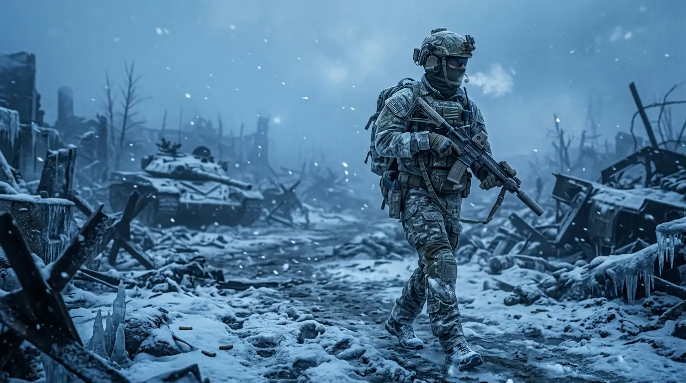 Rainbow Six Siege operator walking through a snowy battlefield with a tank, frozen ruins, and winter combat gear.