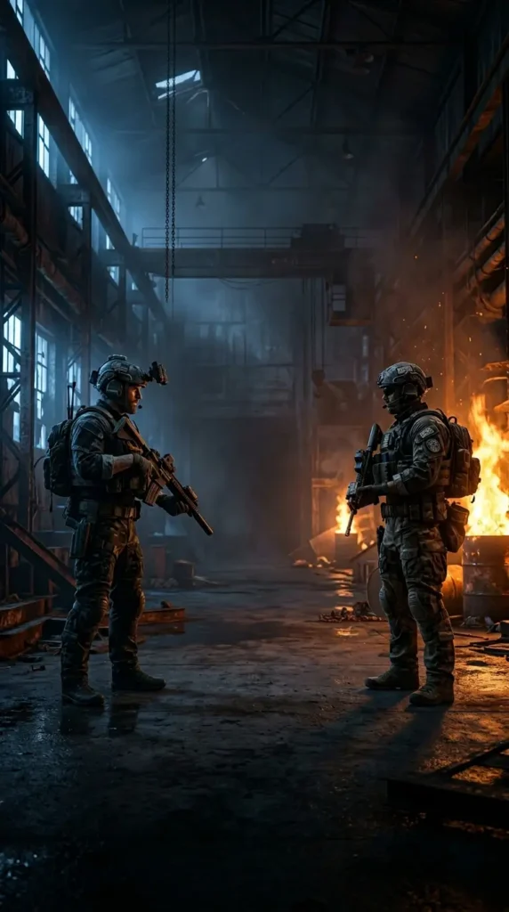 Two Rainbow Six Siege operators facing each other inside an industrial warehouse illuminated by fire and blue light.