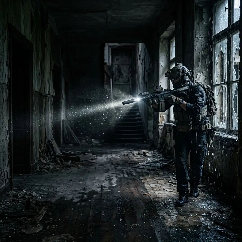 rainbow-six-siege-wallpaper featuring an elite operator clearing a dark abandoned corridor with tactical gear.