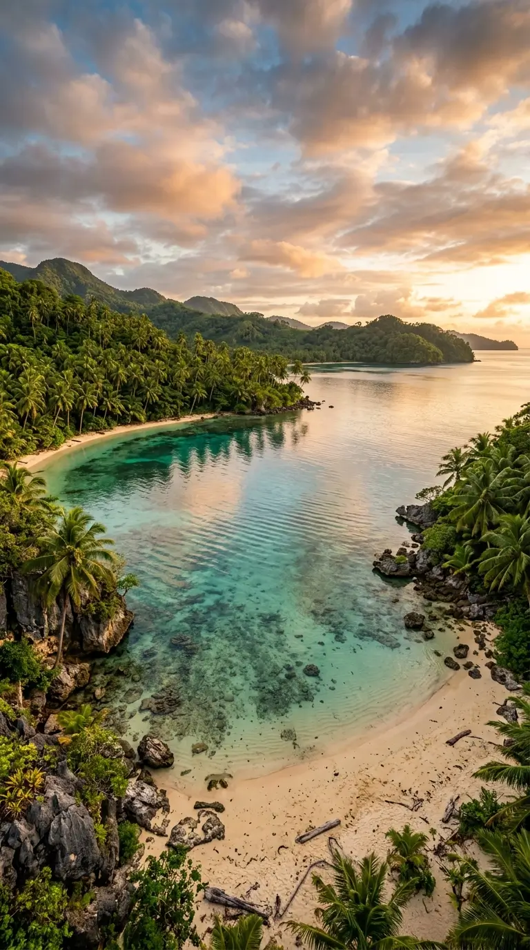 Aerial view of a tropical lagoon with turquoise water, palm-covered hills, white sand beaches, and a sunset sky.