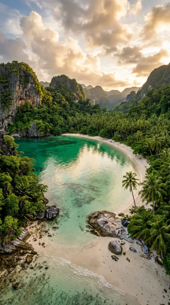 Aerial view of a hidden tropical lagoon with emerald water, palm trees, white sand beach, and rocky cliffs.