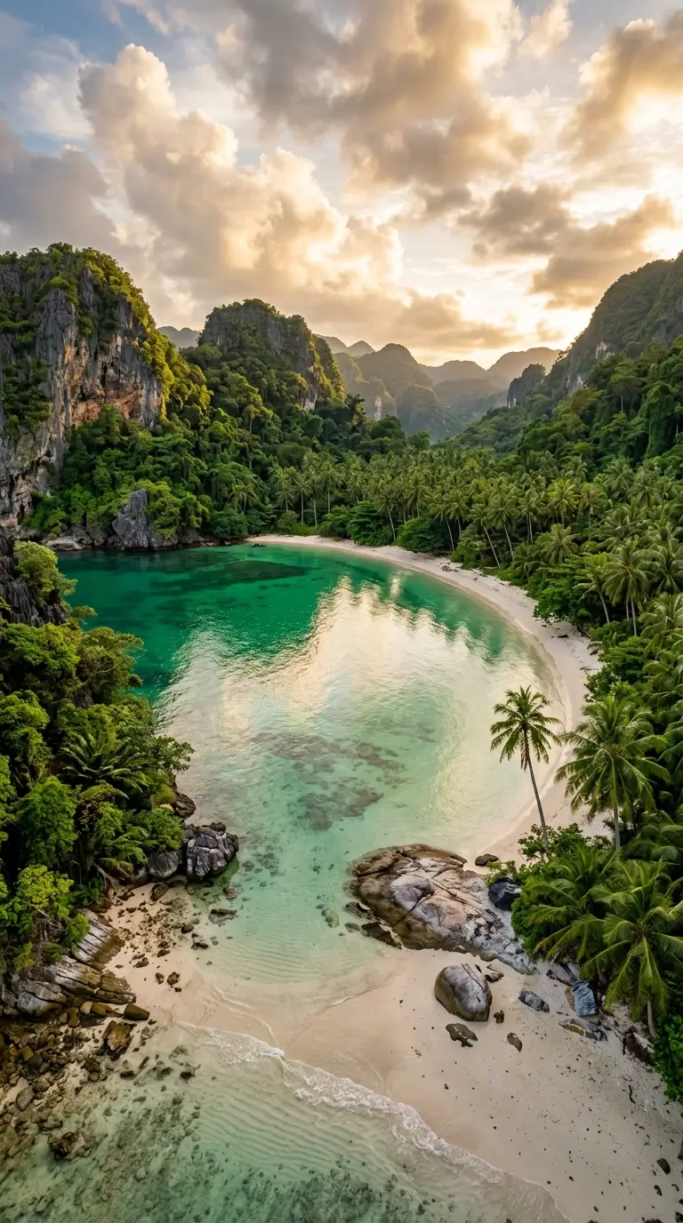 Aerial view of a hidden tropical lagoon with emerald water, palm trees, white sand beach, and rocky cliffs.