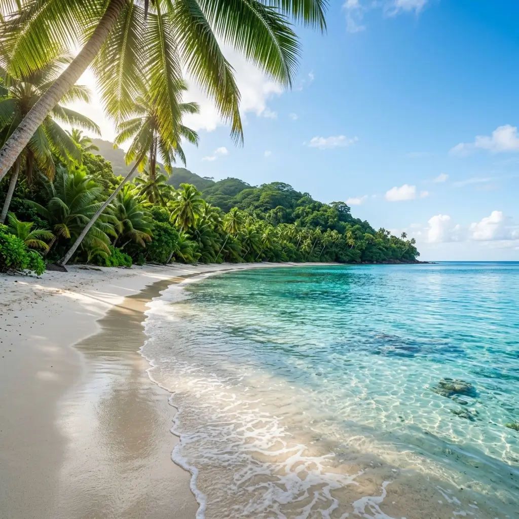 Tropical beach with clear turquoise water, white sand shoreline, lush palm trees, and a sunny blue sky.