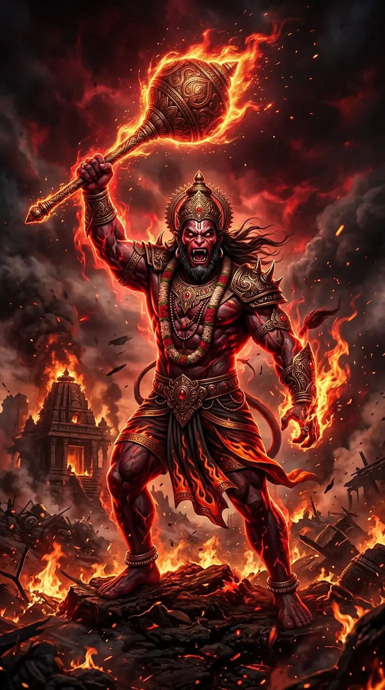 Wallpaper Hanuman images showing fierce Veer Hanuman holding a blazing gada amid flames and a powerful battle scene.