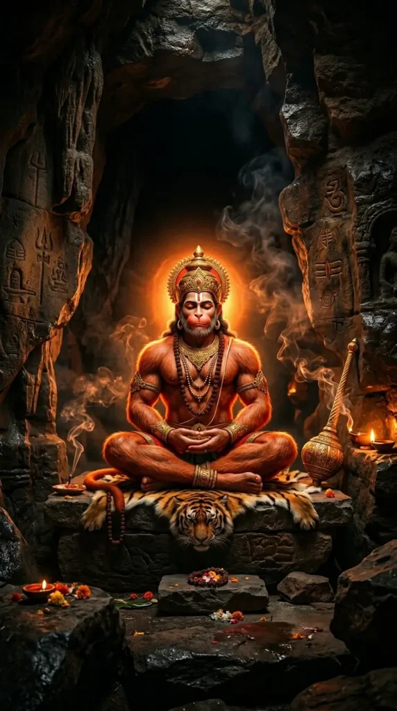 Wallpaper Hanuman images showing Lord Hanuman meditating in a sacred cave with divine glow and spiritual ambiance.
