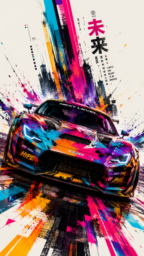 4k-car-wallpaper featuring a colorful graffiti-style supercar with a futuristic city skyline in ultra HD.