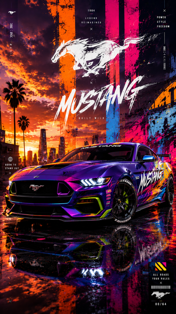 4k-car-wallpaper featuring a customized Ford Mustang with neon graphics and a vibrant city sunset in ultra HD.