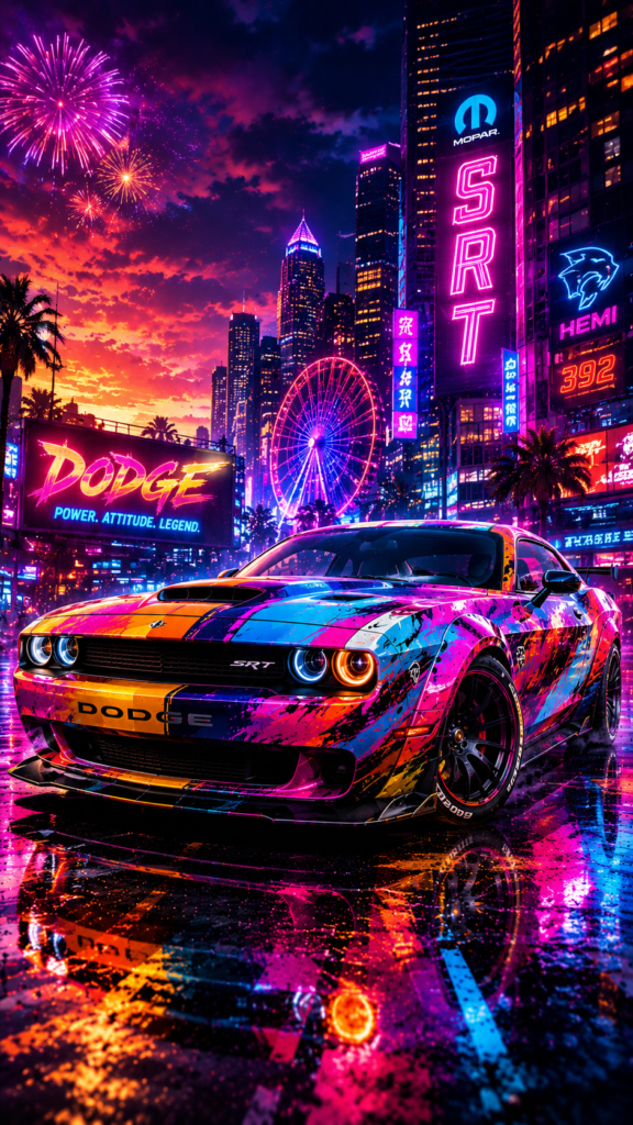 4k-car-wallpaper featuring a colorful Dodge Challenger SRT in a neon-lit city with fireworks in ultra HD.