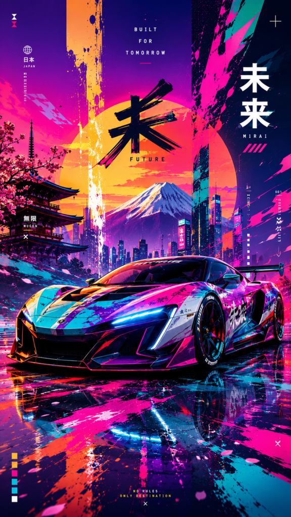 4k-car-wallpaper featuring a futuristic Japanese supercar with Mount Fuji and a neon city skyline in ultra HD.
