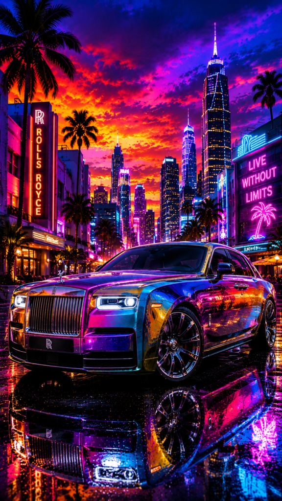 4k-car-wallpaper featuring a luxury Rolls-Royce with neon city lights and colorful sunset reflections in ultra HD.