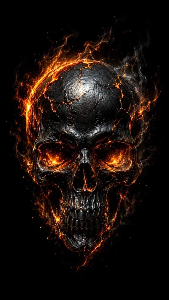 Black flaming skull with glowing lava cracks and fiery orange eyes on a pure black AMOLED 4K wallpaper background.